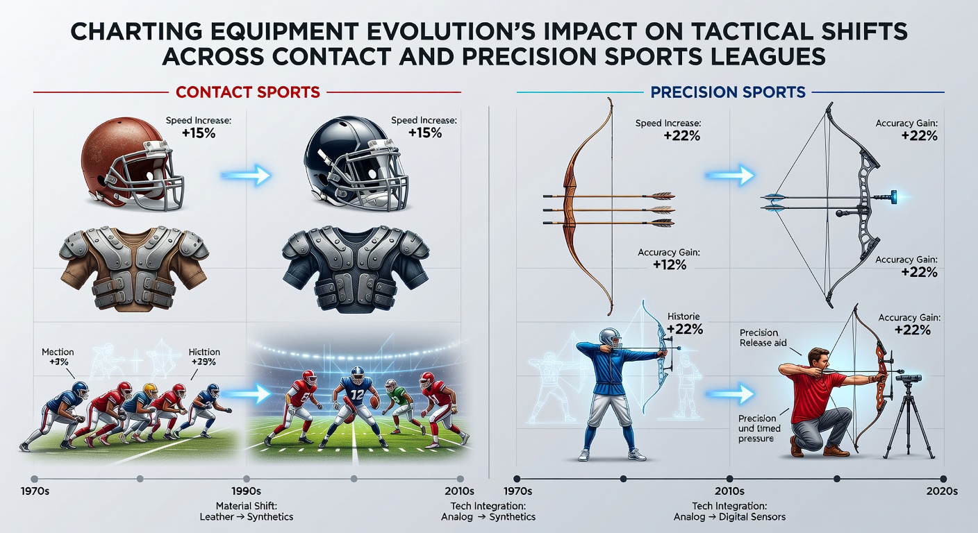 Evolution of sports equipment in contact and precision leagues showing tactical adaptations over decades