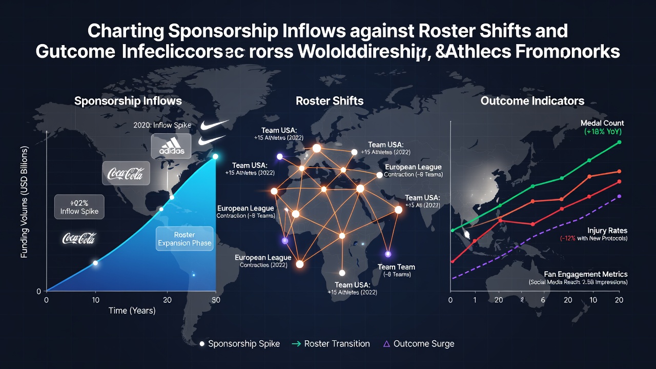 Global sports sponsorship trends visualization showing inflows mapped to team roster changes and performance metrics across multiple leagues