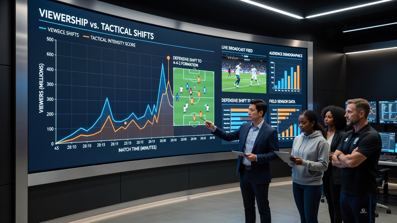 Coaching staff examining tablet data that overlays tactical adjustments with live audience metrics during a match