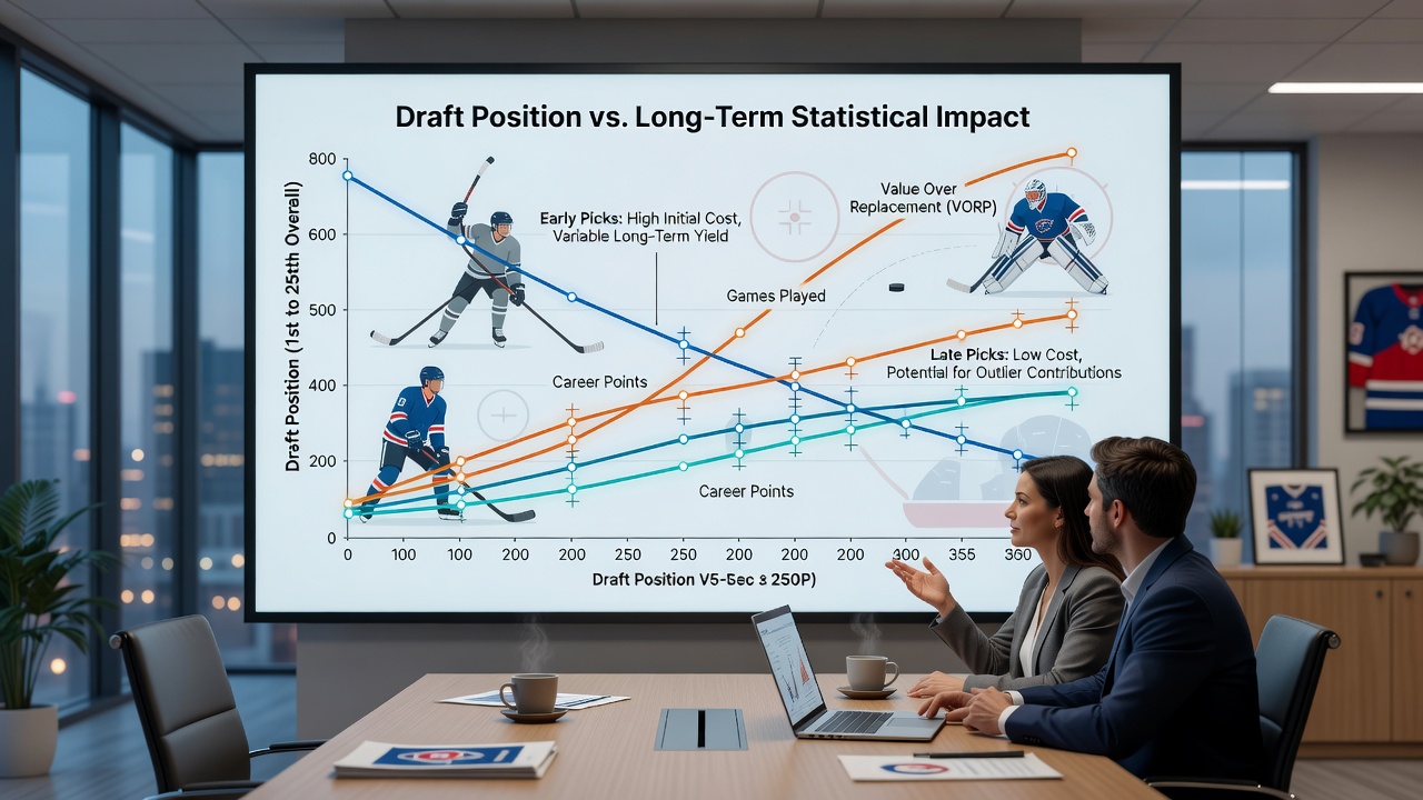 Side-by-side charts comparing NHL and NFL player trajectories from draft slot to career statistical totals