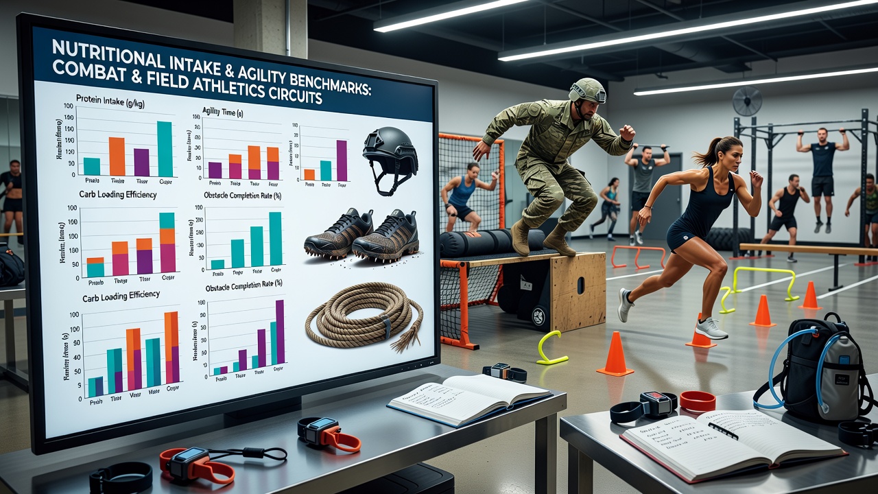 Athletes from combat and field sports reviewing nutritional intake logs alongside agility test results on a training field
