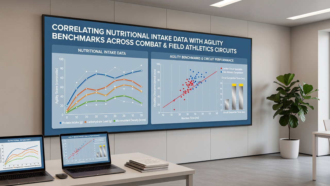 Nutritionists and coaches analyzing joint datasets from agility drills and dietary logs in a sports science laboratory