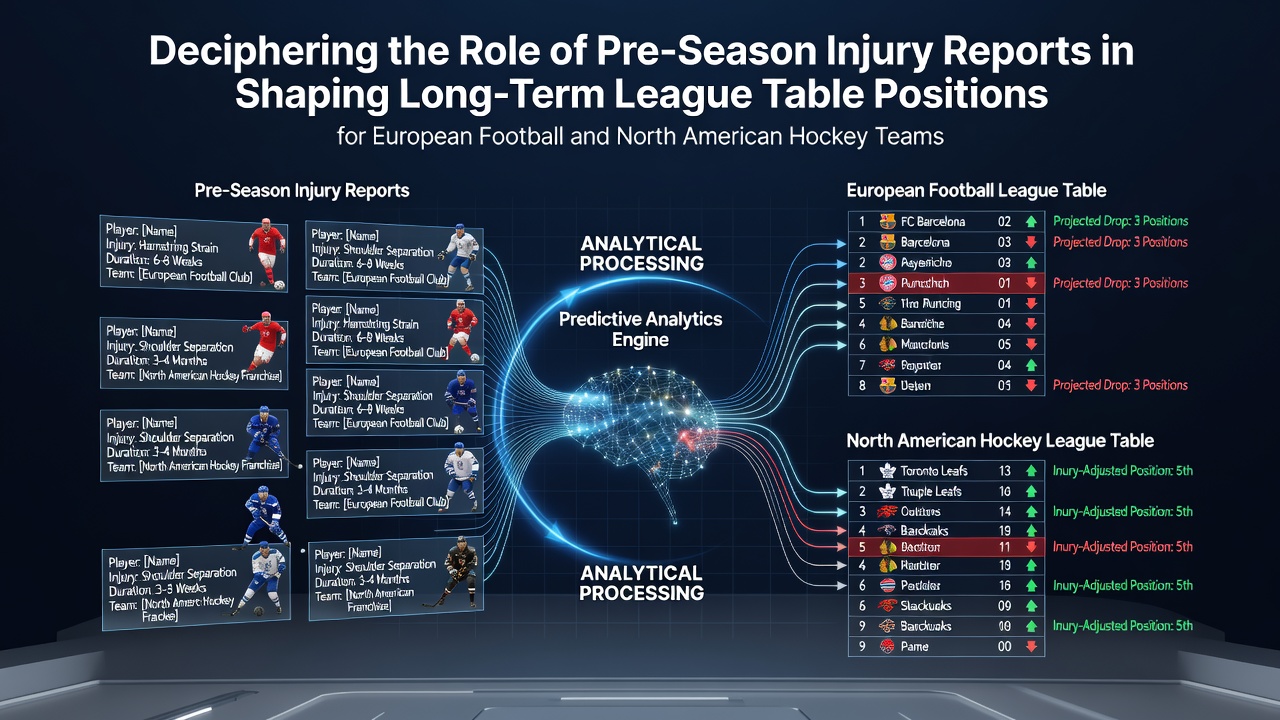Pre-season training session showing medical staff reviewing injury reports for European football and hockey teams