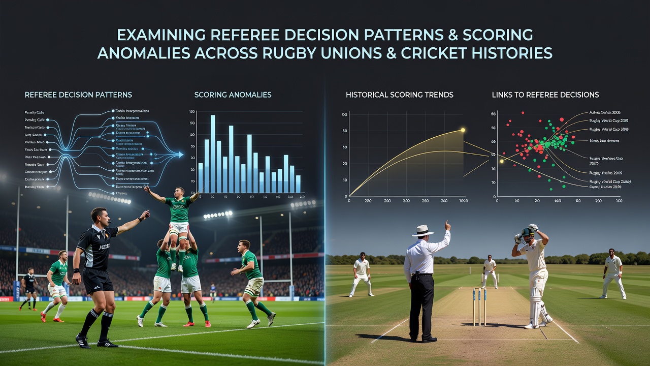 Rugby referee signaling a key decision during a union match with players reacting on the field