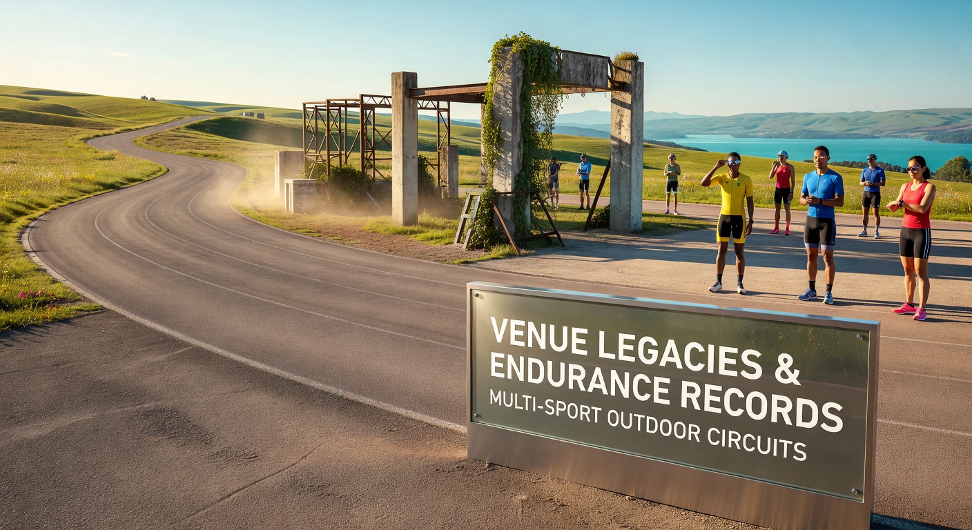 Aerial view of an outdoor multi-sport circuit venue with winding trails and water features used for endurance events