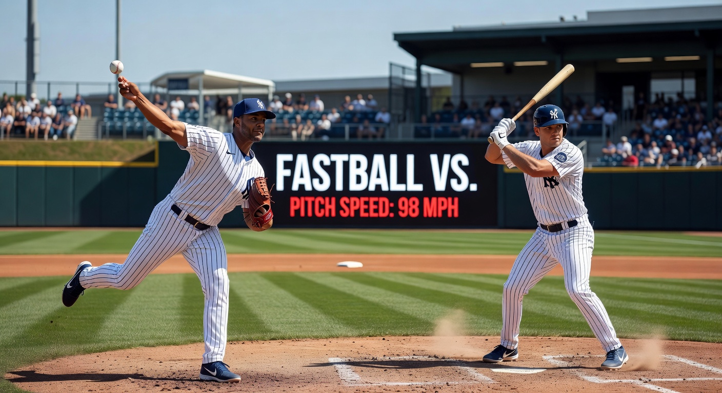 An MLB pitcher mid-delivery releasing a slider, with the ball showing sharp late break toward a baffled batter