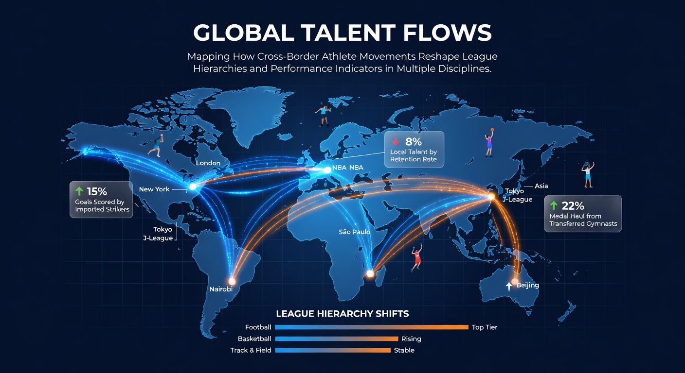 World map highlighting athlete migration patterns between continents in professional sports leagues