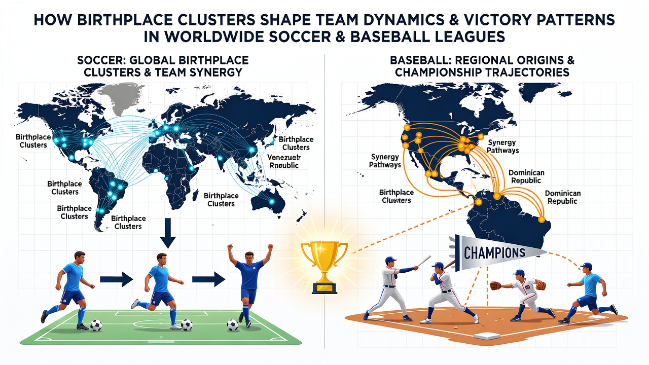 Players from clustered birth regions celebrating a goal in a soccer match and a home run in baseball