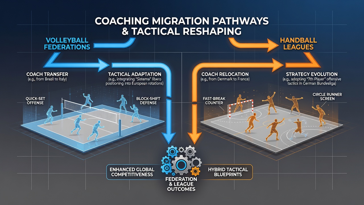 Handball players executing a fast-break tactic under new coaching direction