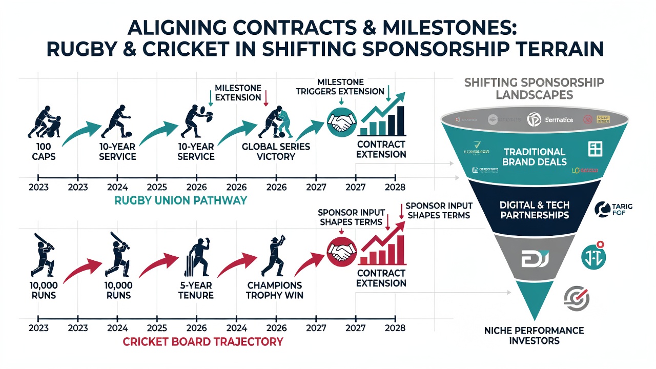 Rugby union player reviewing contract documents alongside milestone achievement charts
