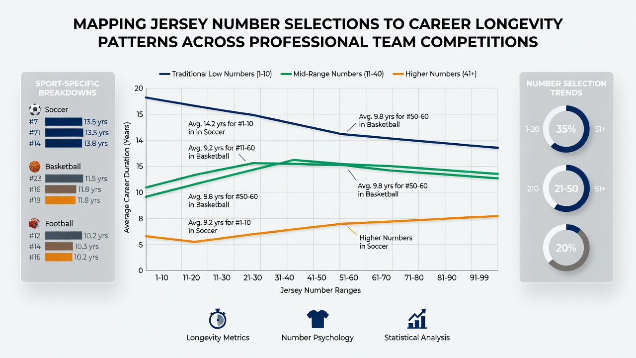 Charts illustrating average career lengths segmented by jersey number ranges in soccer, basketball, and American football