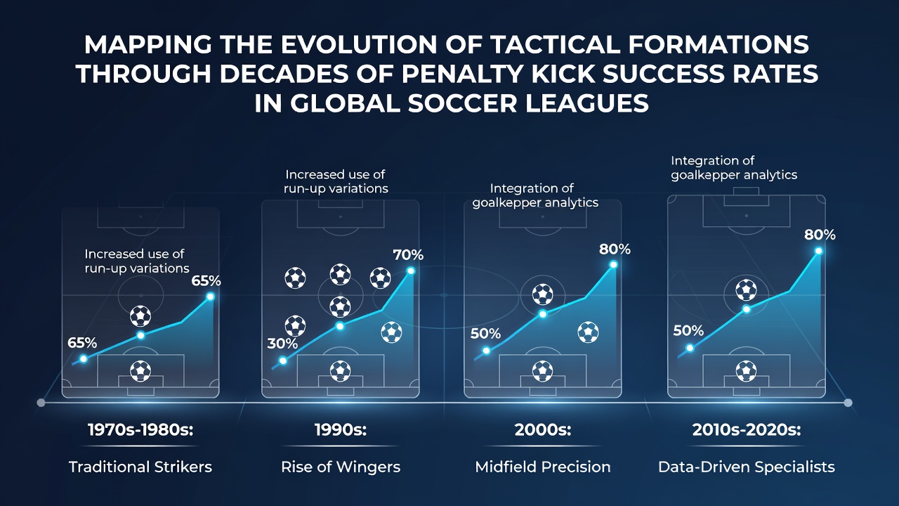 Historical chart showing penalty kick success rates alongside shifts in soccer formations from the 1950s to present across major leagues