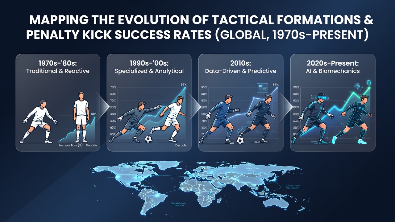 Comparison graphic of modern 4-3-3 and 3-5-2 formations with overlaid penalty success statistics from European and South American leagues