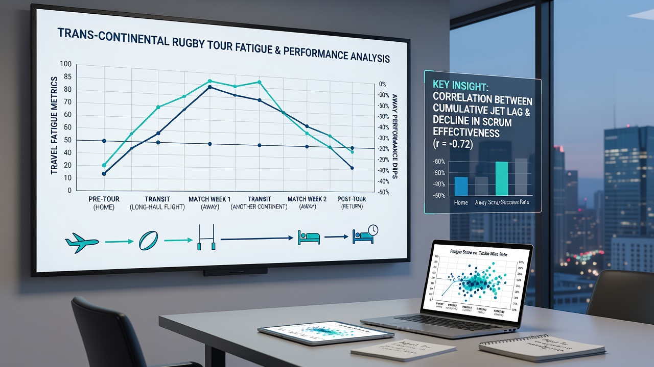 Data visualization of performance dips linked to travel fatigue in rugby and baseball