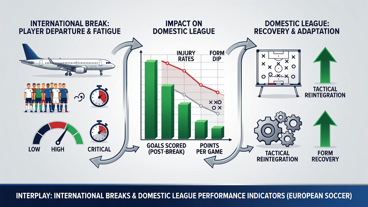 Domestic league table standings and performance charts showing fluctuations after international breaks in European soccer
