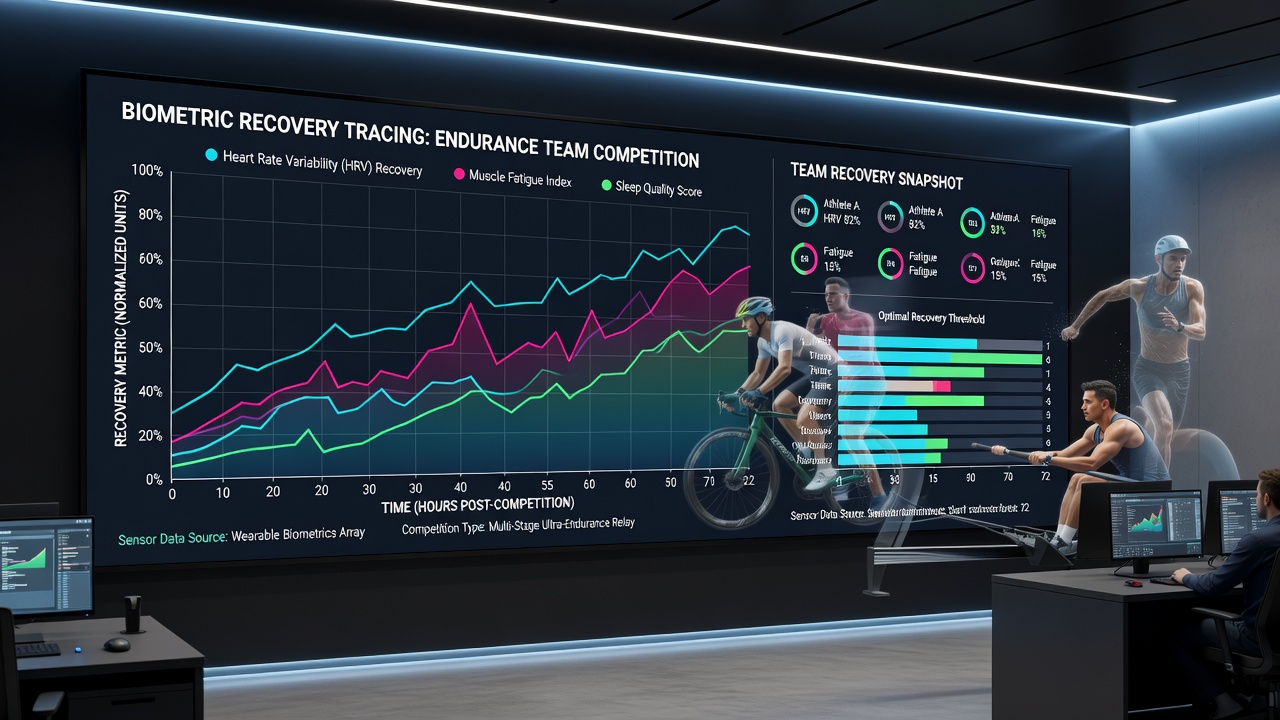 Data analysts reviewing biometric recovery charts for a global endurance team event
