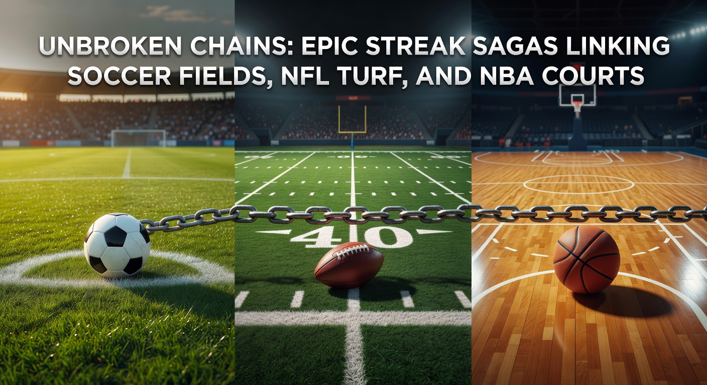 Dynamic collage capturing intense moments from soccer matches, NFL games on turf, and NBA court action, symbolizing interconnected winning streaks across sports