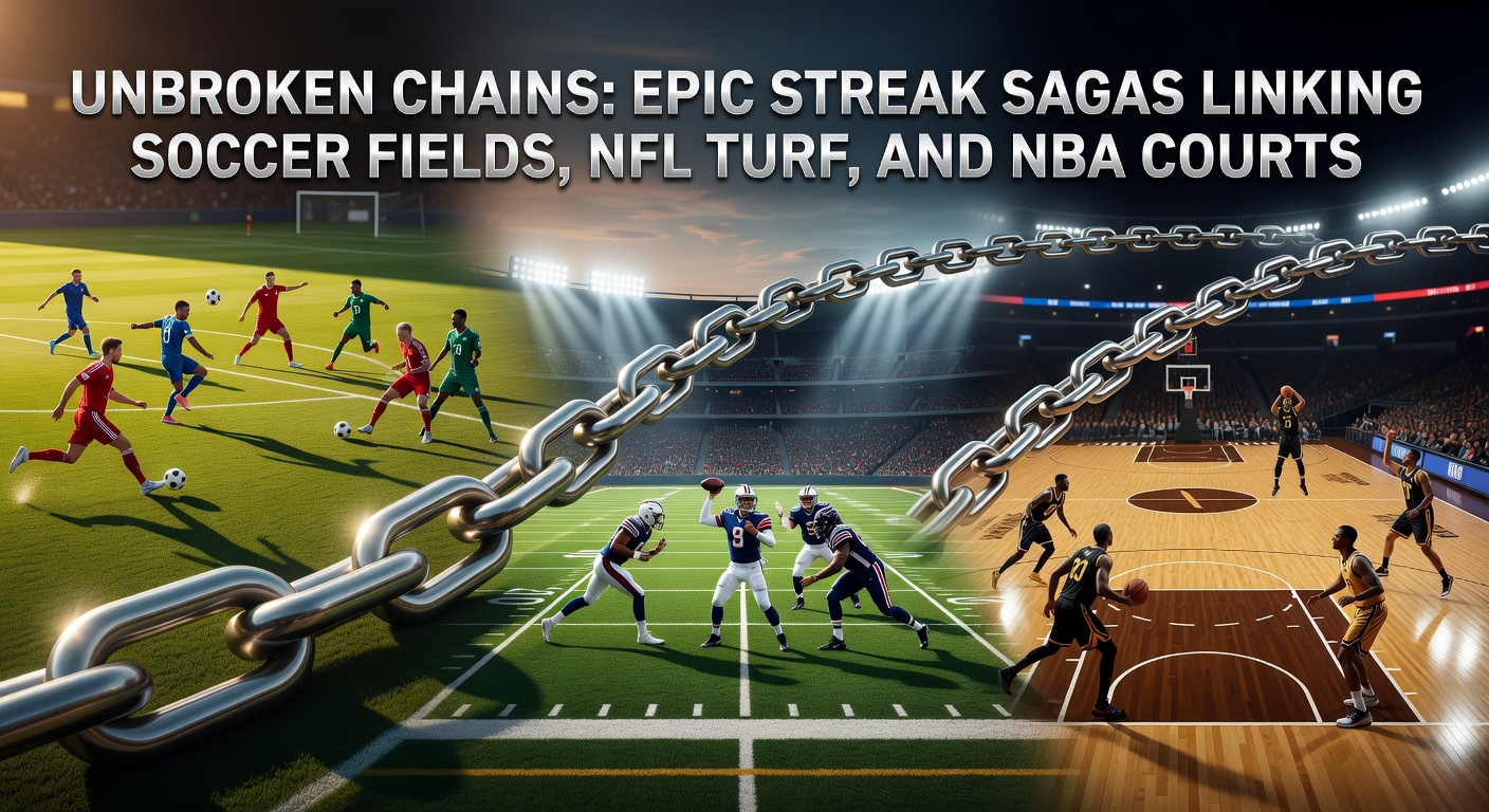 Iconic archival photo of athletes in action across soccer, NFL, and NBA, illustrating the unbroken momentum of legendary streaks